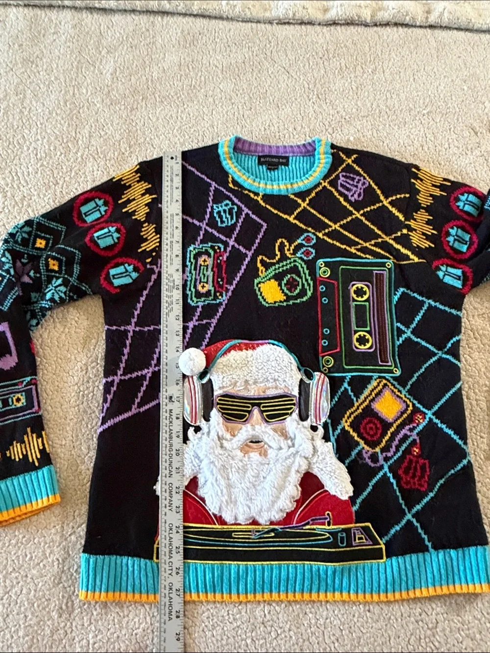 Black DJ Santa Graphic Crewneck Sweater with Multicolor Accents Large